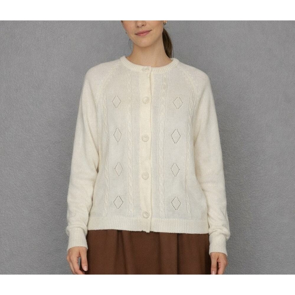 Vintage Hand Loomed Knit Cream Cableknit Cardigan Sweater Womens Large Classic